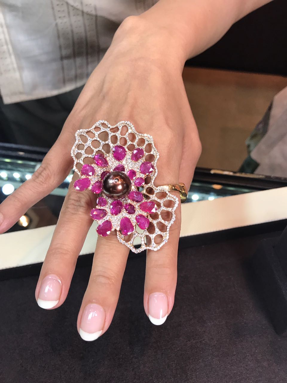 Transformable Butterfly Cocktail Ring in diamonds, rubies and pearl (that can also be worn as Pendant) by Awesome Sparklers by Priti Bhatia